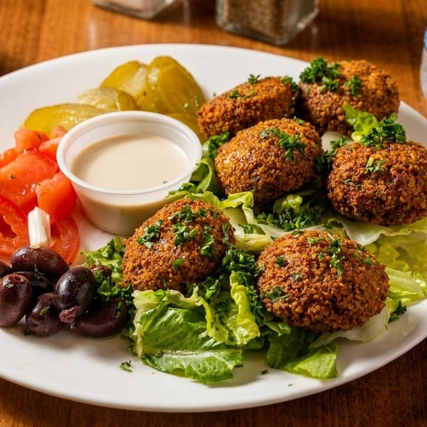 A white plate with falafel, lettuce, tomatoes, olives, pickles, and two dipping sauces.