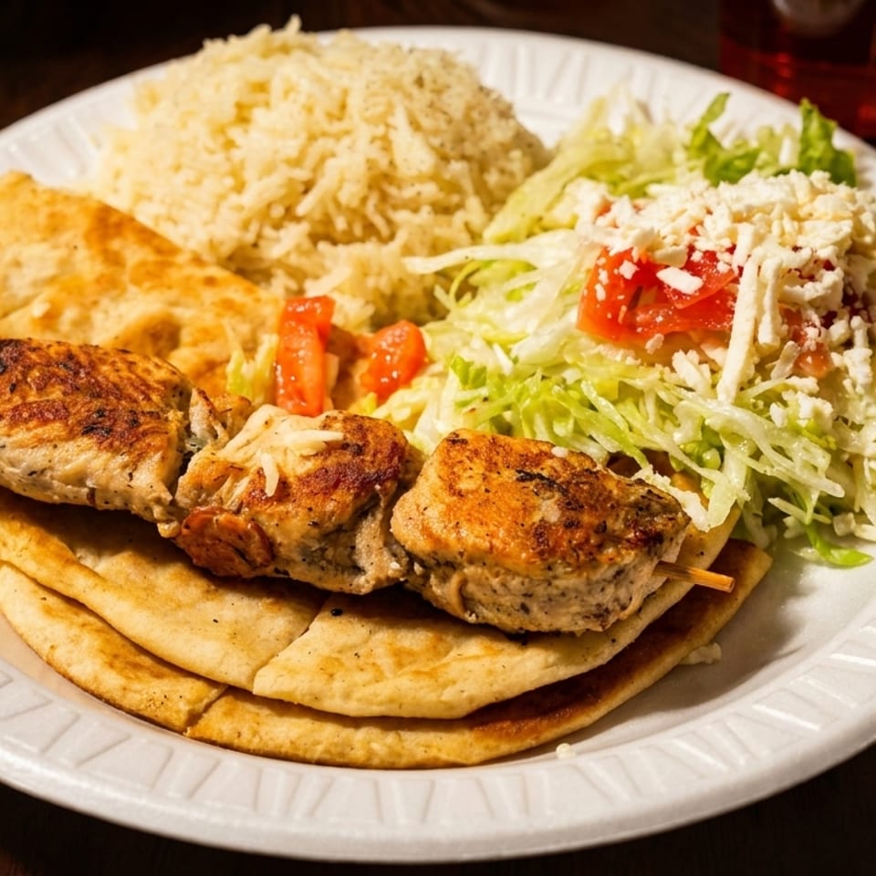 Chicken souvlaki skewer, rice, pita bread, and salad with feta cheese on a white plate.