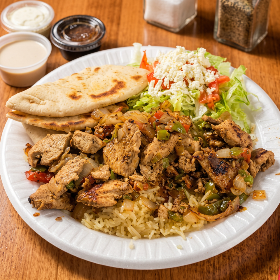 Chicken and rice platter with salad, pita bread, and dipping sauces on a wooden table.