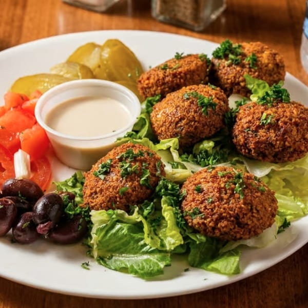 Crispy falafel balls on a bed of lettuce with tomatoes, olives, pickles, and tahini sauce.