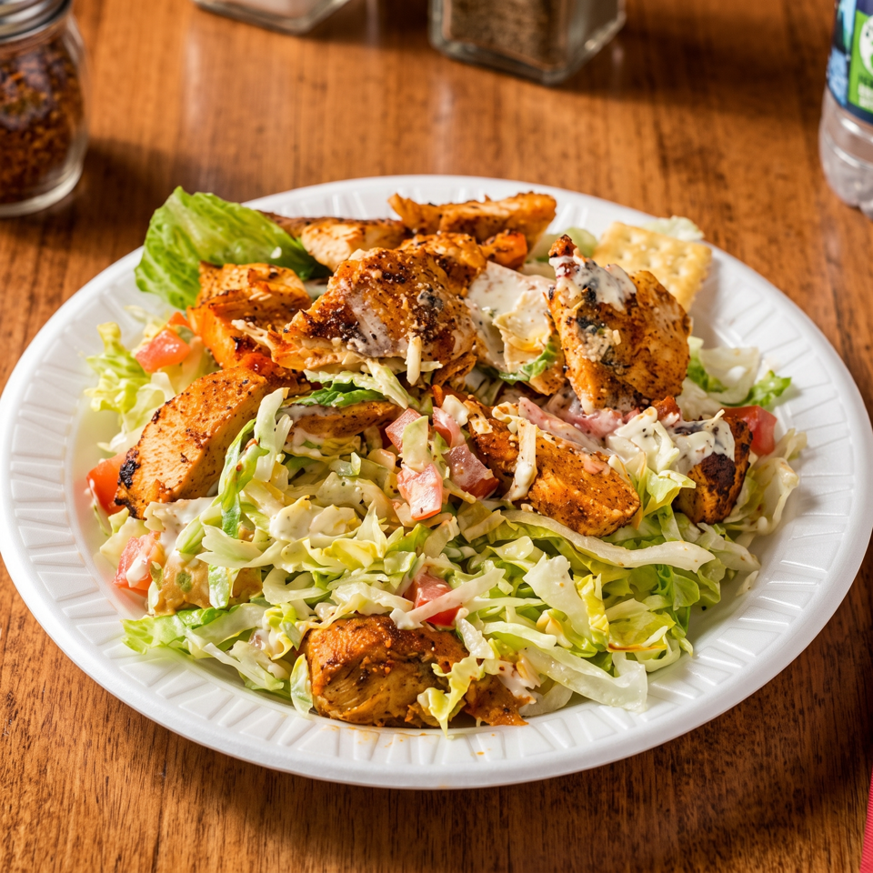 Grilled chicken salad with lettuce, tomatoes, and creamy dressing on a white plate.