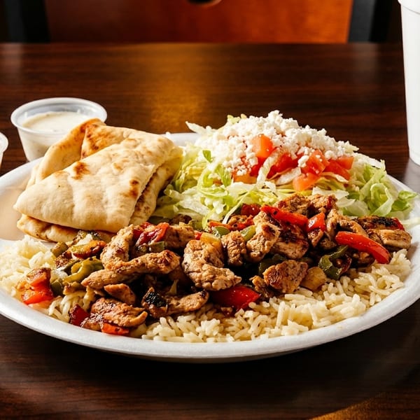 A chicken and rice platter with pita bread, salad, and two dipping sauces on a wooden table.