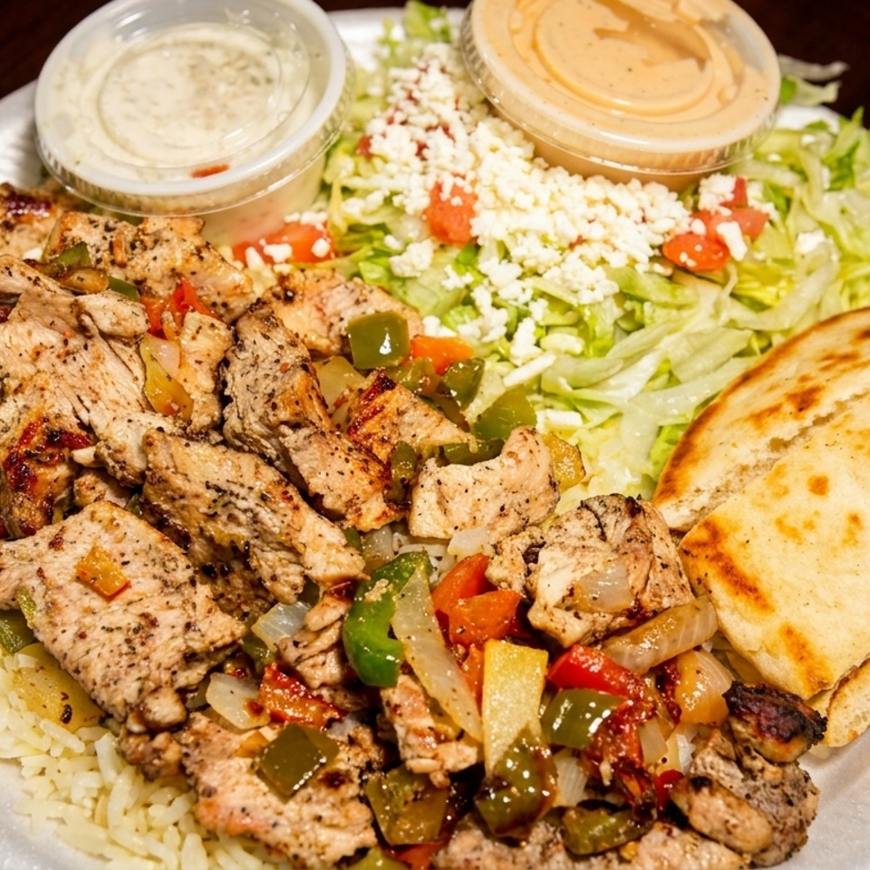 Grilled chicken and vegetables over rice, with a side salad, pita bread, and two dipping sauces.