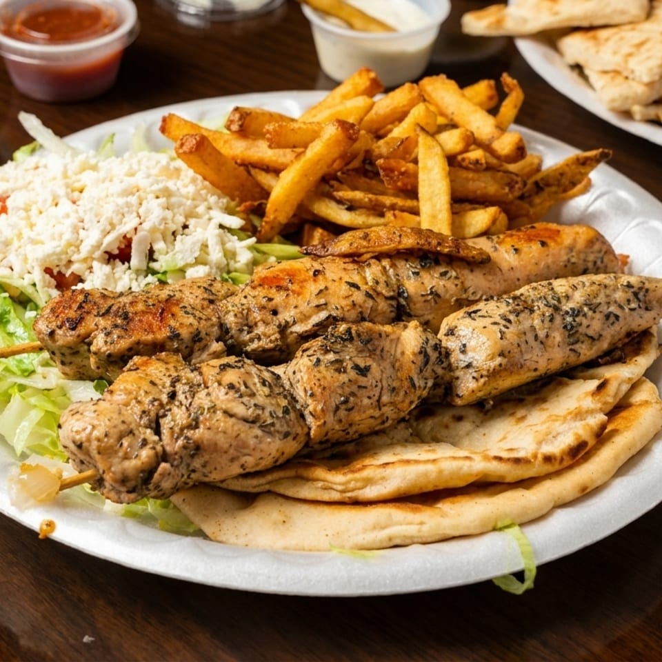 Chicken souvlaki skewers with fries, salad, and pita bread on a white plate.