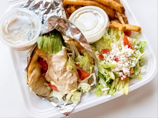 Chicken on Pita with Hummus (with a bag of chips).