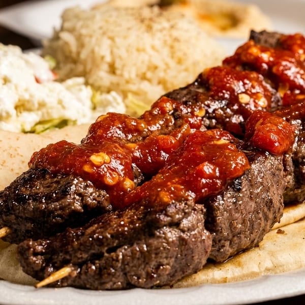 Grilled meat skewers with red sauce, pita bread, rice, and a side salad.