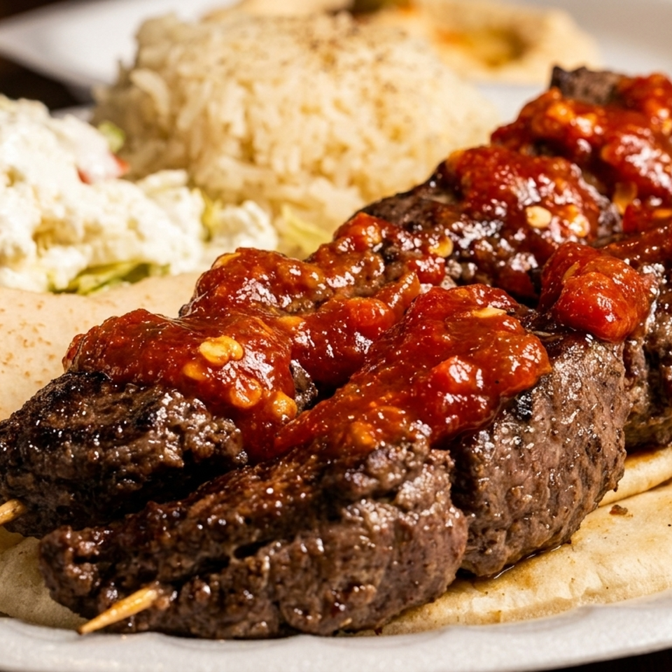 Grilled meat skewers with red sauce, pita bread, rice, and a side salad.
